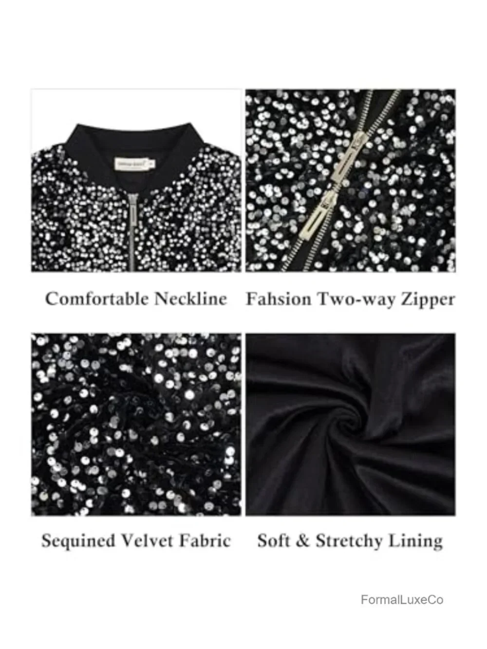 Cropped Sequin Bomber Jacket with Two-Way Zipper and Ribbed Trim
